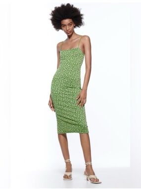 Zara Green Printed Slip Midi Dress with White Dot Pattern